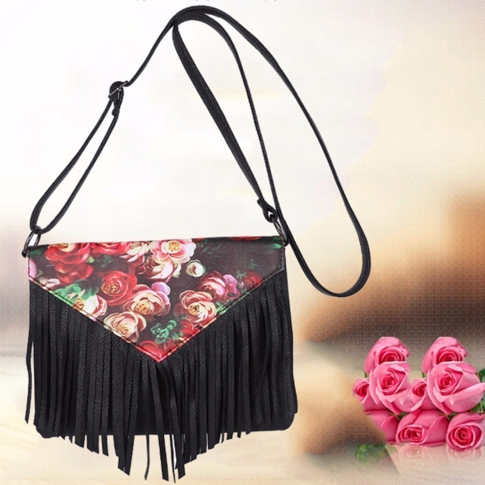 Floral  leather tassel shoulder clutch bag